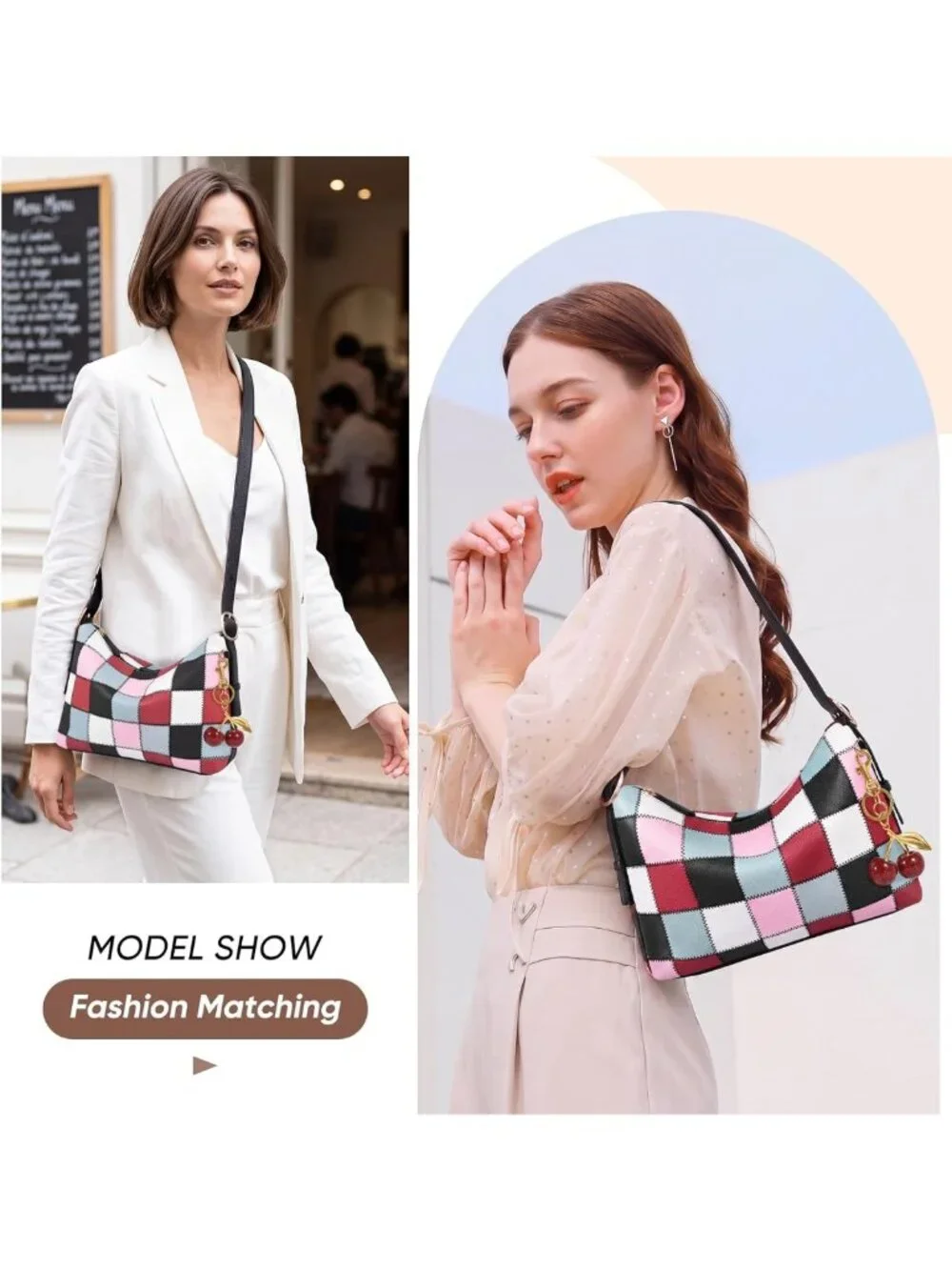 Cute Checkered Vegan Leather Hobo Bag for Women - Stylish Cherry Shoulder Purse